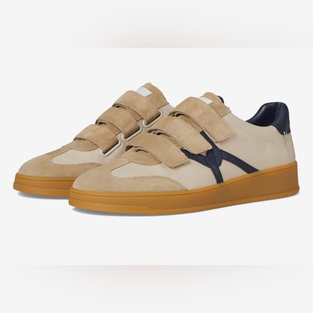Veronica Beard Beige and Navy Suede Strap Sneakers